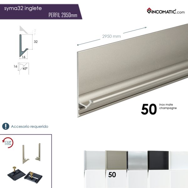 Syma32 inglete Tirador de Perfil 50 Inox mate-Champagne F-0021-1451