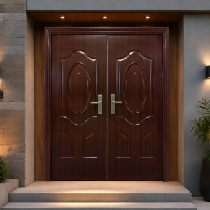 Puerta de acero Doble, color madera oscura